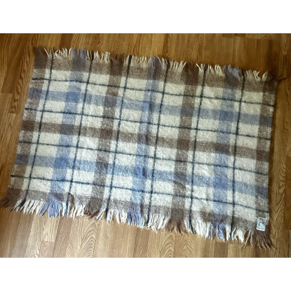 AVOCA Handweavers Mohair Wool Blanket Throw Plaid 40" X 54" Ireland Blue Brown